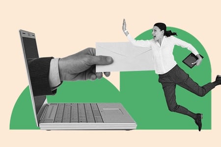 a graphic of a sales rep delivering a follow-up email using a template after a conference meeting