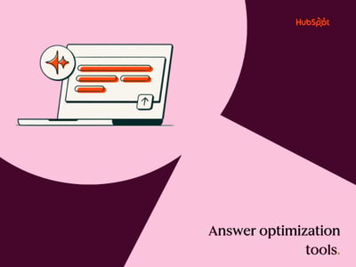 a HubSpot-branded featured image with a burgundy background and pink shapes in the foreground, with the words ‘answer optimization’ in the bottom righthand corner and an orange and white computer in the upper lefthand corner